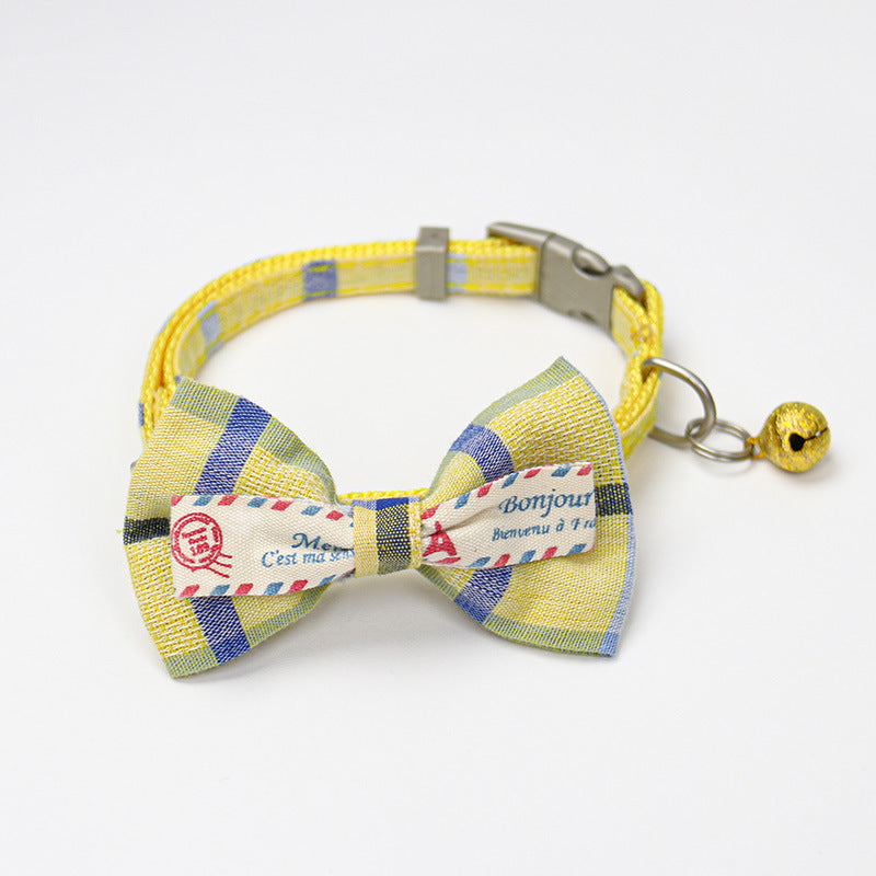 French Style Pet Bowtie Collar, Checked Bow for Cats and Dogs, Adjustable Neckband with Bell for Fashionable Pets