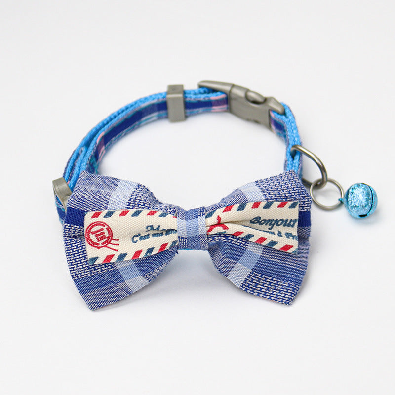 French Style Pet Bowtie Collar, Checked Bow for Cats and Dogs, Adjustable Neckband with Bell for Fashionable Pets