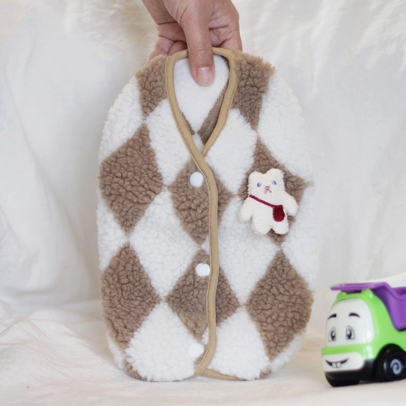 Argyle Plush Dog Coat with Cute Bunny Accent Warm Pet Jacket for Small Dogs