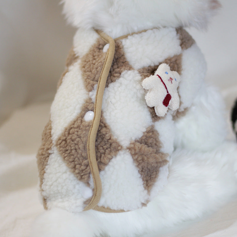 Argyle Plush Dog Coat with Cute Bunny Accent Warm Pet Jacket for Small Dogs