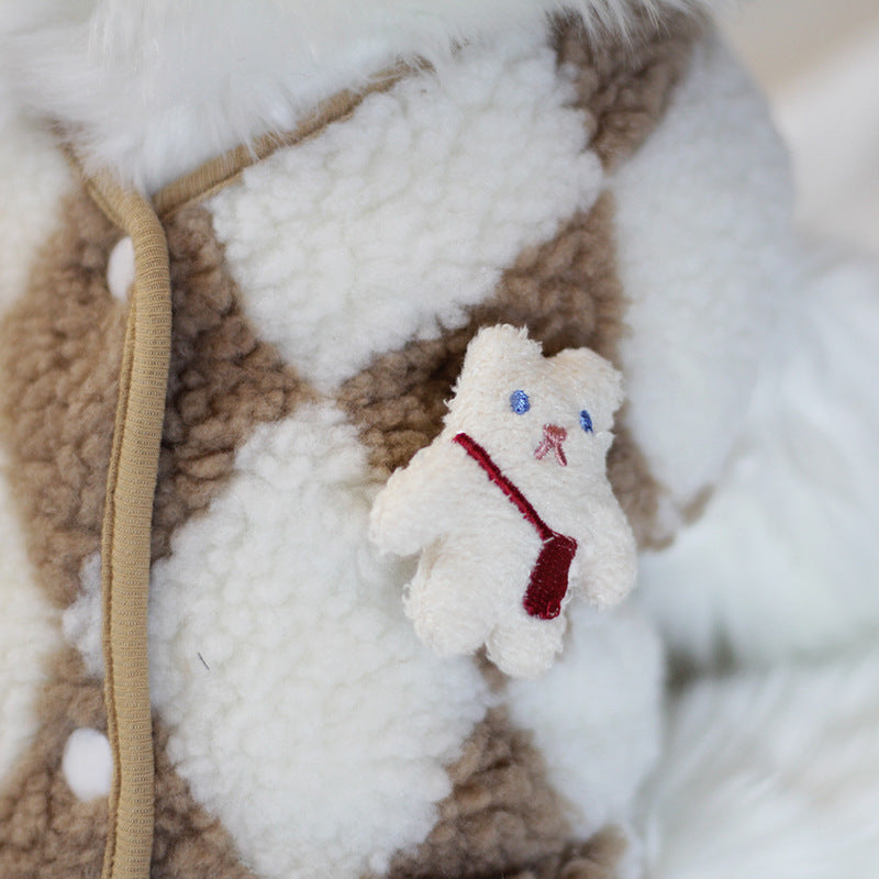 Argyle Plush Dog Coat with Cute Bunny Accent Warm Pet Jacket for Small Dogs