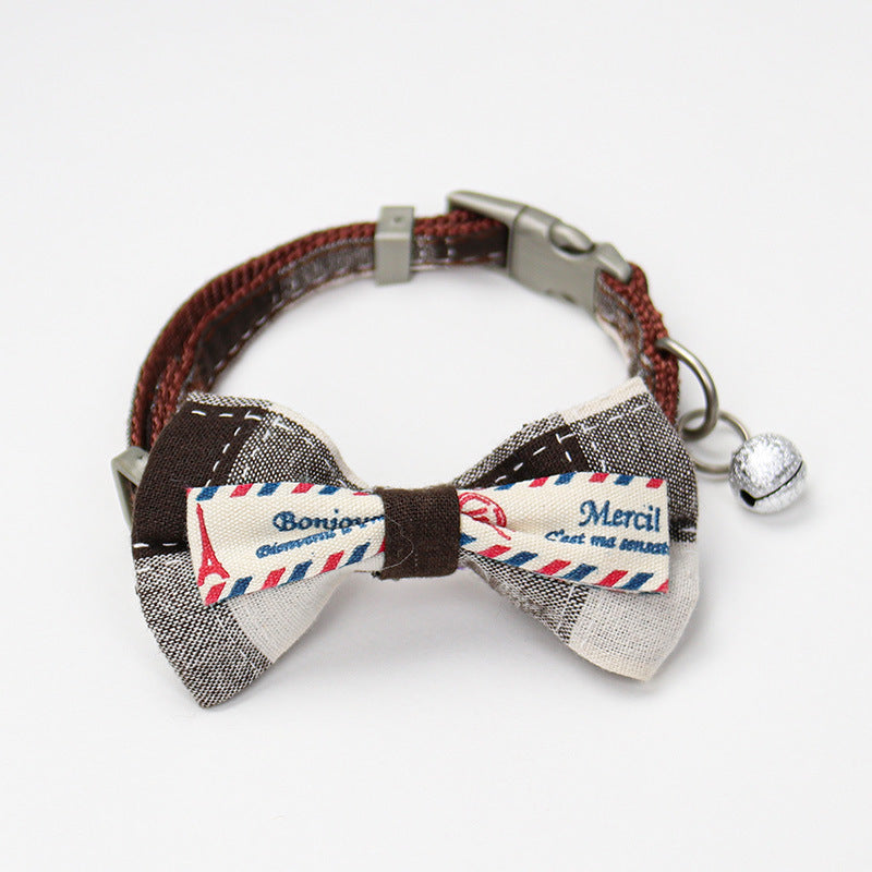 French Style Pet Bowtie Collar, Checked Bow for Cats and Dogs, Adjustable Neckband with Bell for Fashionable Pets