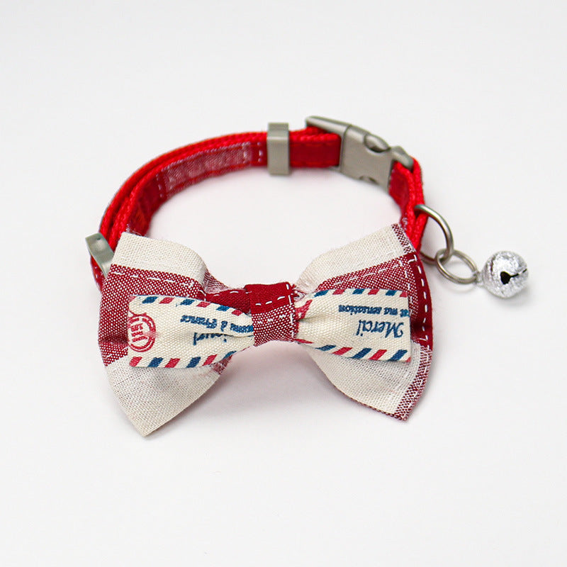 French Style Pet Bowtie Collar, Checked Bow for Cats and Dogs, Adjustable Neckband with Bell for Fashionable Pets