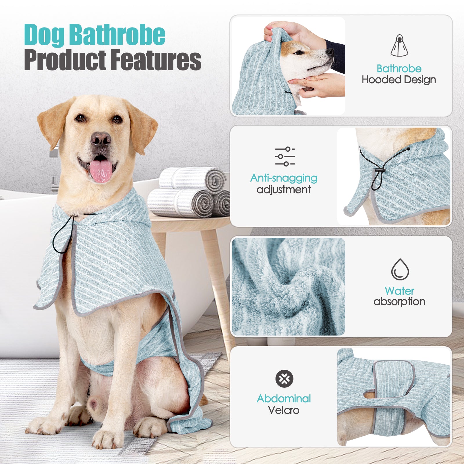 Hooded Dog Drying Coat - Quick - Absorbing Pet Bathrobe with Adjustable Fit