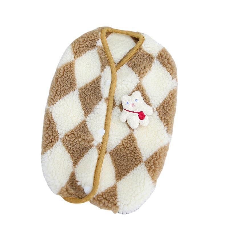 Argyle Plush Dog Coat with Cute Bunny Accent Warm Pet Jacket for Small Dogs