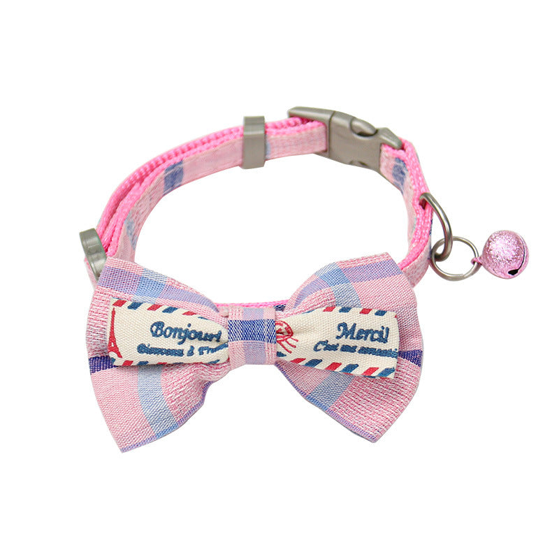 French Style Pet Bowtie Collar, Checked Bow for Cats and Dogs, Adjustable Neckband with Bell for Fashionable Pets