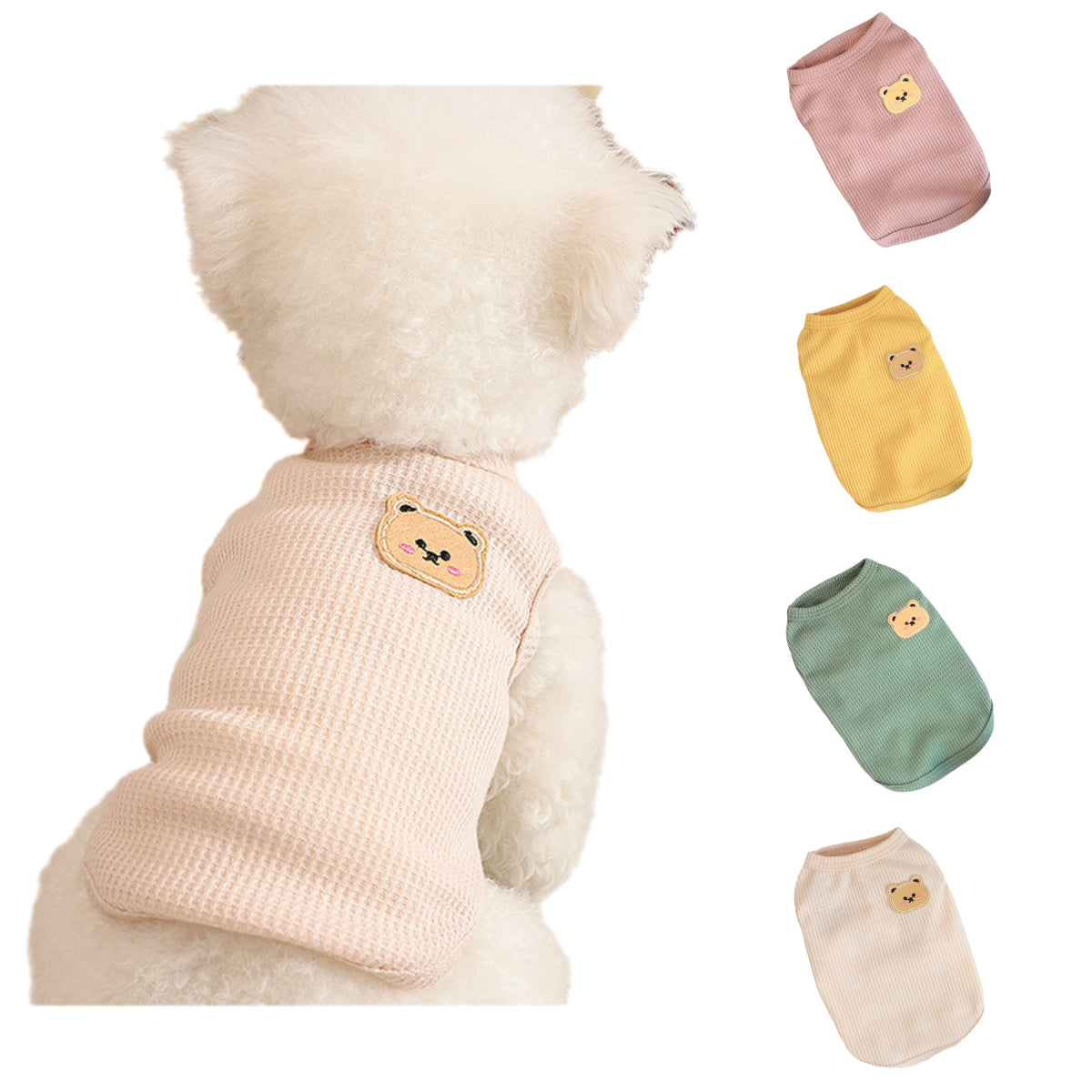Cute Bear Patch Dog Tank Top Set 4 Pack Waffle - Knit Pet Vest for Small Dogs
